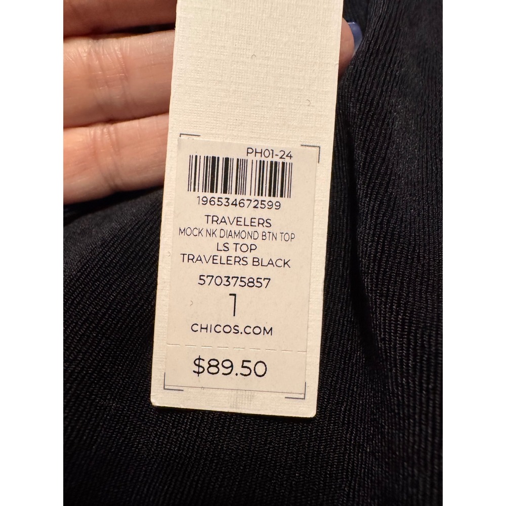 Chico's Travelers Mock Neck Diamond Button Top Black Ribbed LS Blouse Size 1 M - Picture 7 of 8